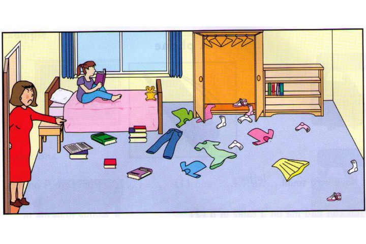 Scene A: girl reading in a messy bedroom