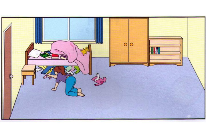 Scene B: girl putting clothes under the bed