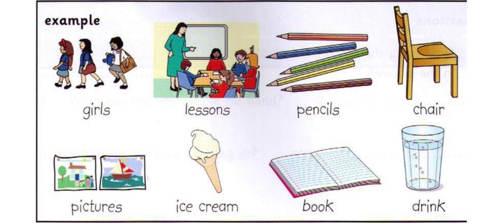 Word bank: girls, lessons, pencils, chair, pictures, ice cream, book, drink