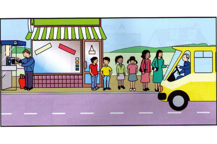 Scene A: street with a shop and a bus