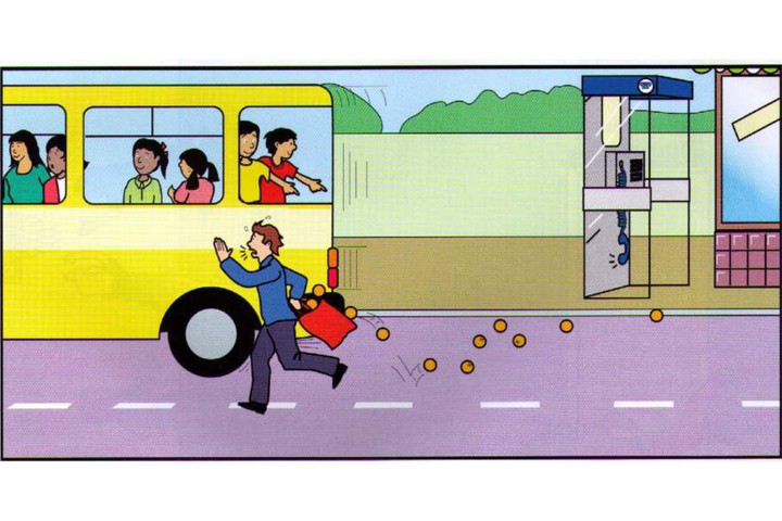 Scene C: a man with a bag, boys pointing