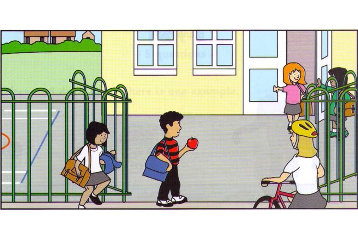 Scene B: children outside school with an apple