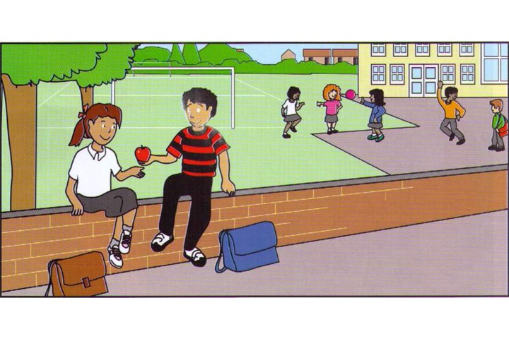 Scene C: a playground, a boy giving an apple