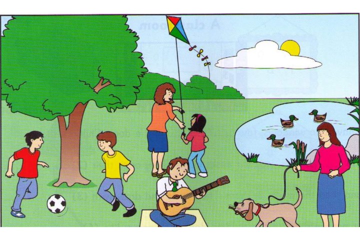 Scene A: a park, a man playing guitar