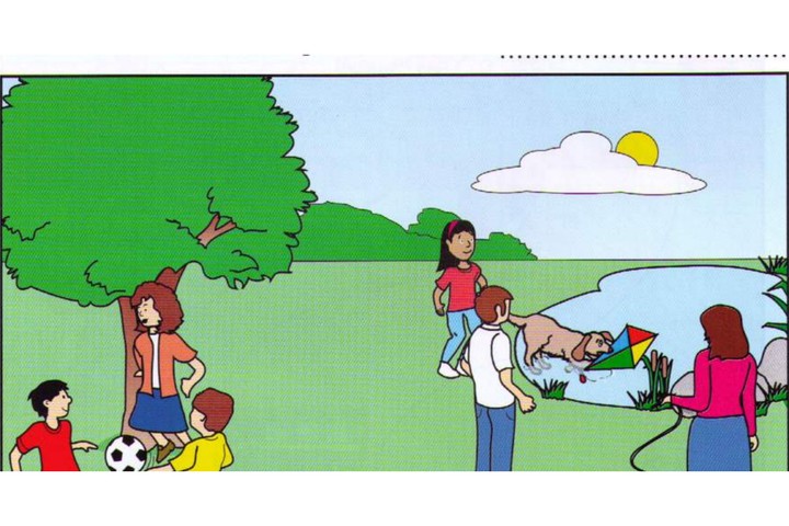 Scene C: a park, children and a dog with a kite