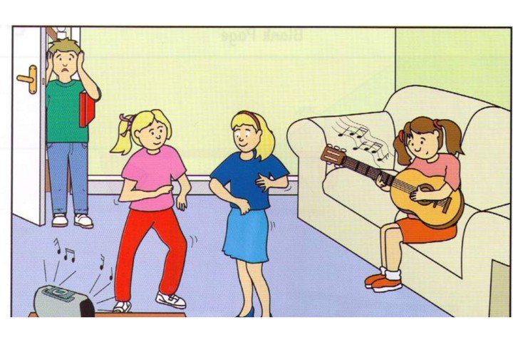 Scene B: a living room, a girl playing guitar