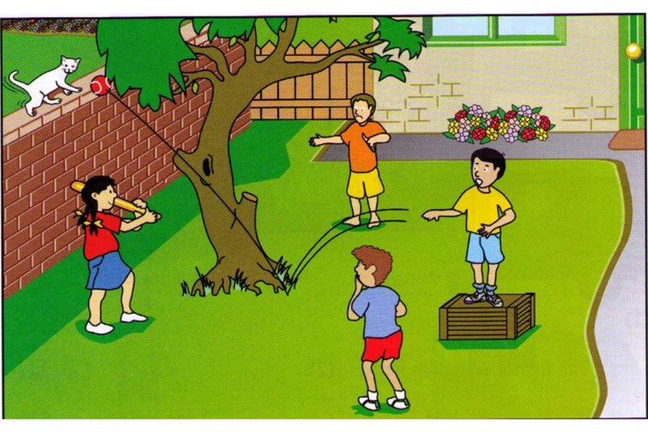 Scene A: children playing baseball in a garden