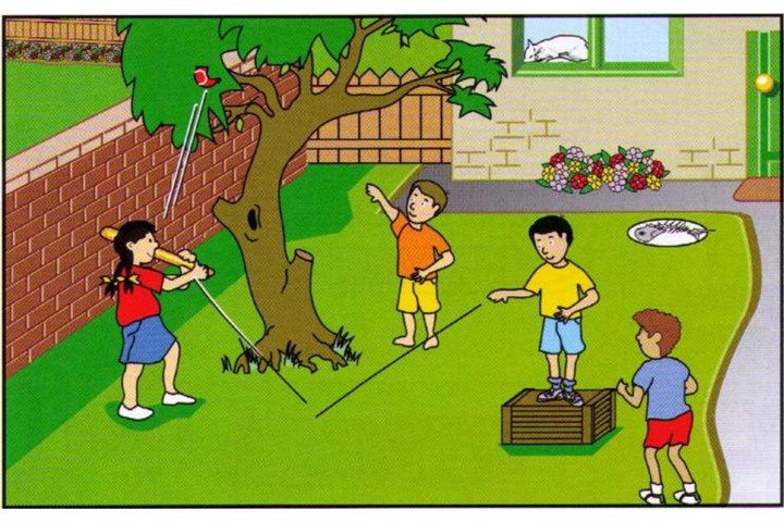 Scene C: a cat and children in a garden