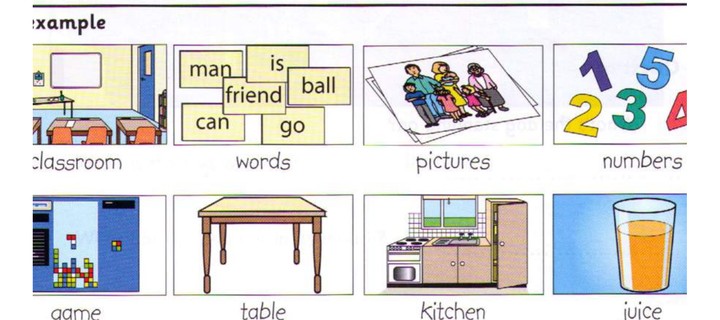 Word bank: classroom, words, pictures, numbers, game, table, kitchen, juice