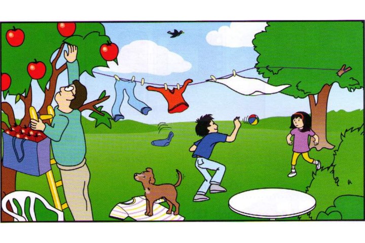 Scene A: a garden, apple tree and washing