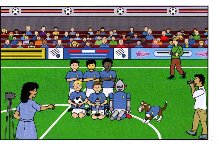 Part 2 scene: a stadium with robots and boys
