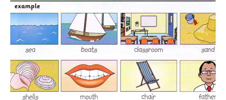 Word bank: sea, boats, classroom, sand, shells, mouth, chair, father