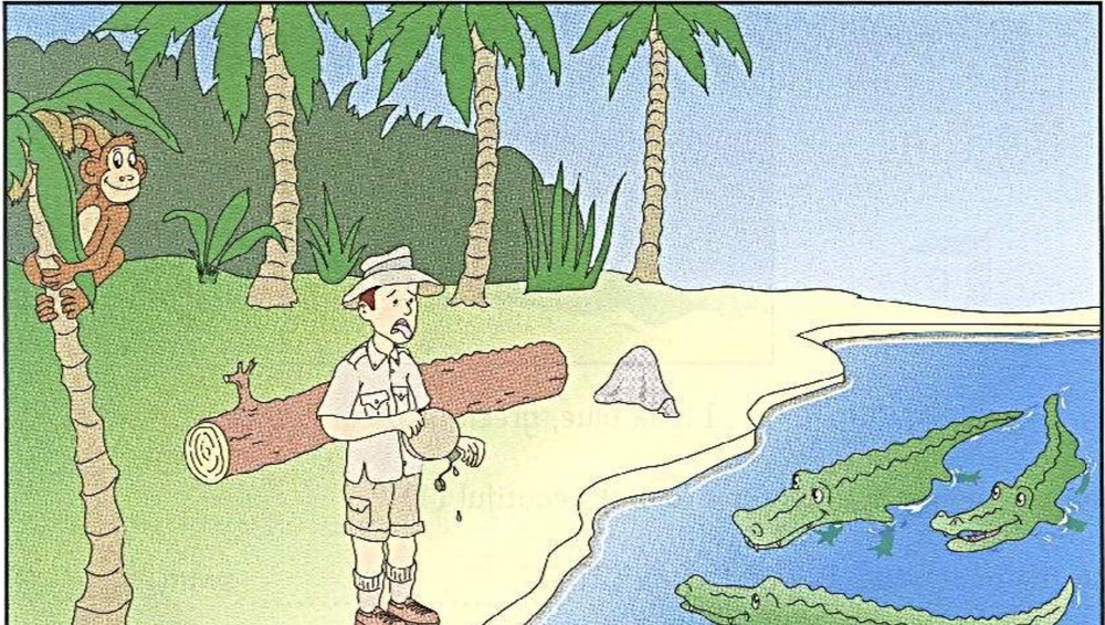 Jungle beach scene A: monkey, man and crocodiles