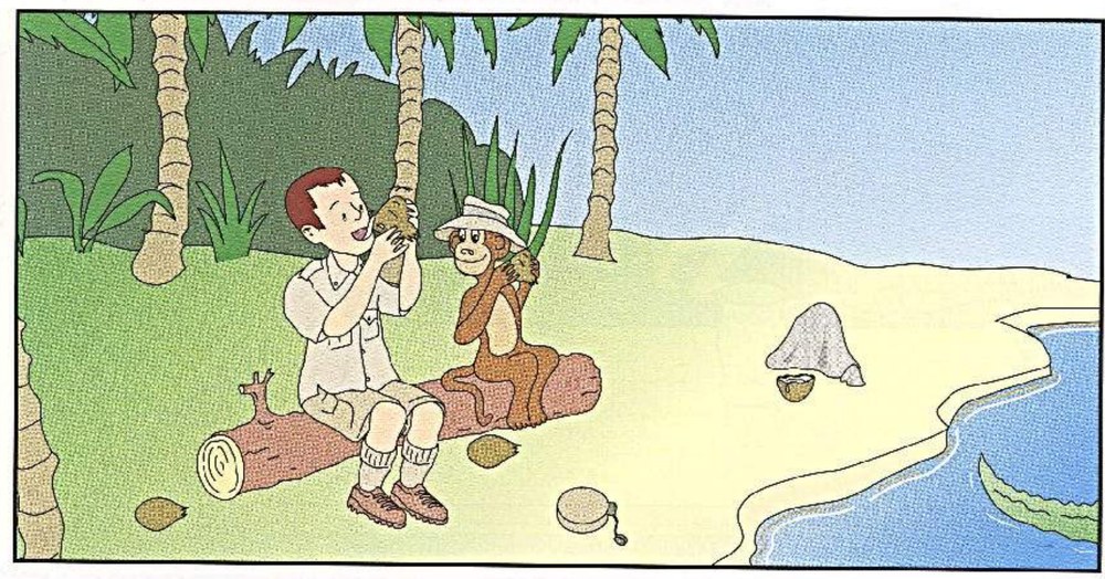 Jungle beach scene C: man sitting on a log