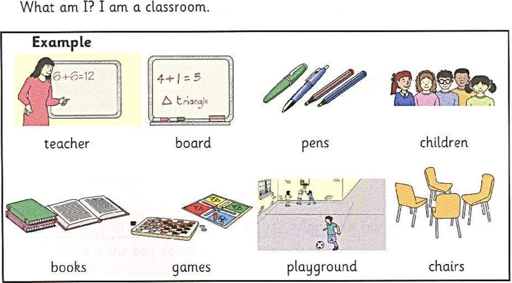 Word bank: teacher, board, pens, children, books, games, playground, chairs