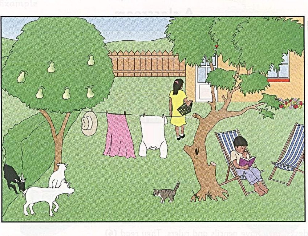 Garden scene A: girl, washing line, goats, boy reading