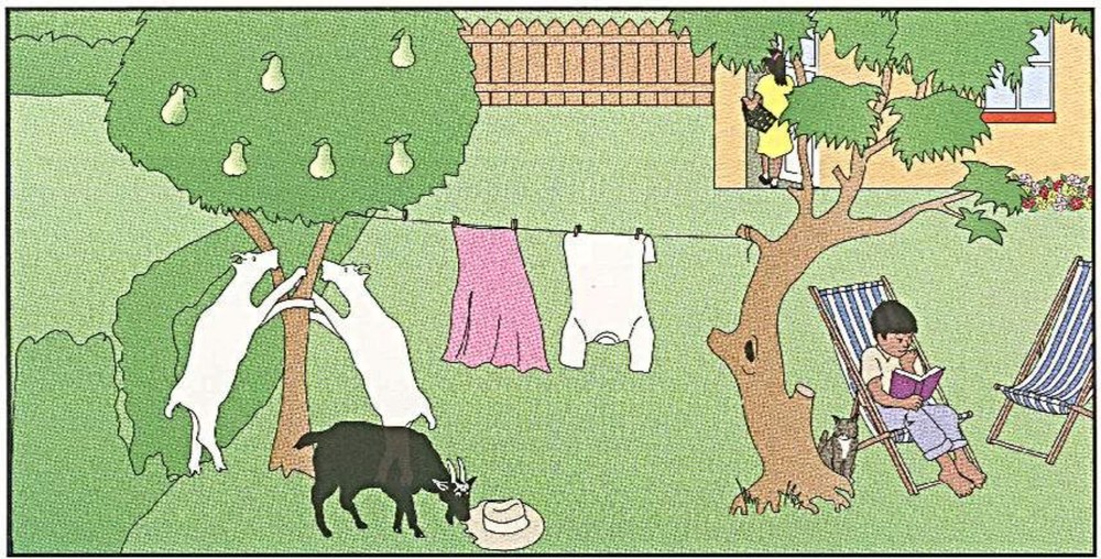 Garden scene B: black goat eating, pears on tree