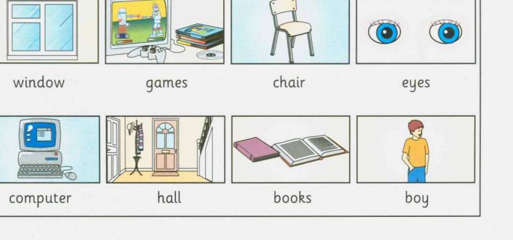 Word bank: window, games, chair, eyes, computer, hall, books, boy