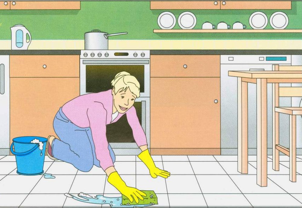 Kitchen scene A: woman cleaning the floor