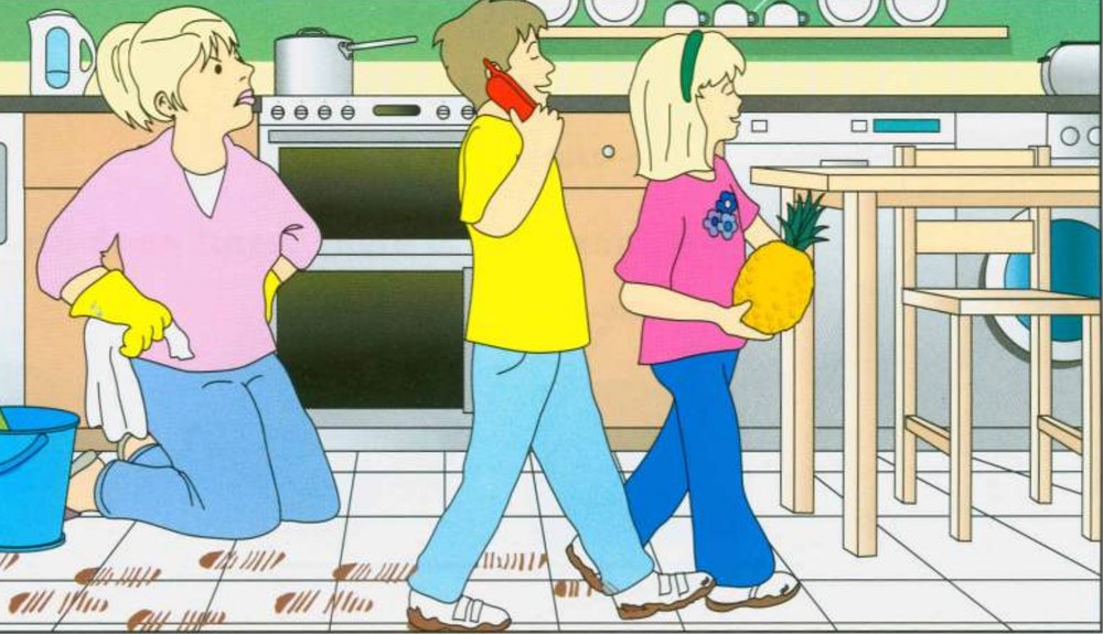 Kitchen scene B: girl with a pineapple, two children