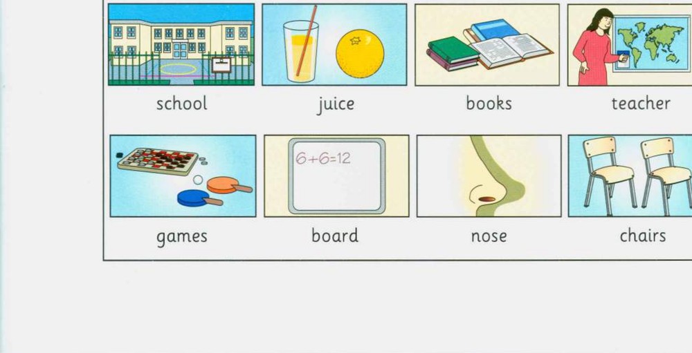 Word bank: school, juice, books, teacher, games, board, nose, chairs