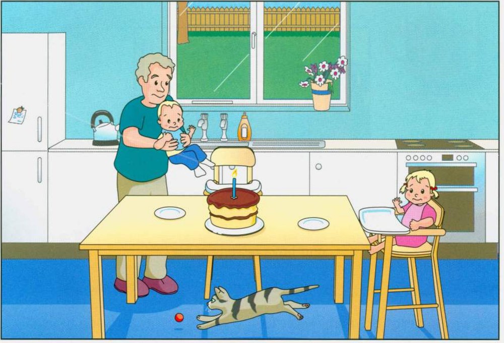Kitchen scene A: grandmother, cake and babies