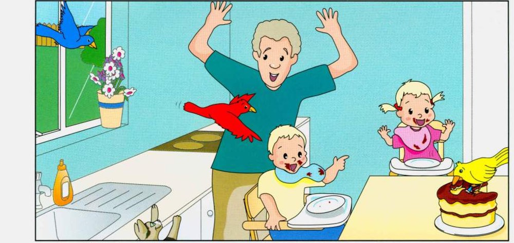 Kitchen scene C: a man, a baby and birds
