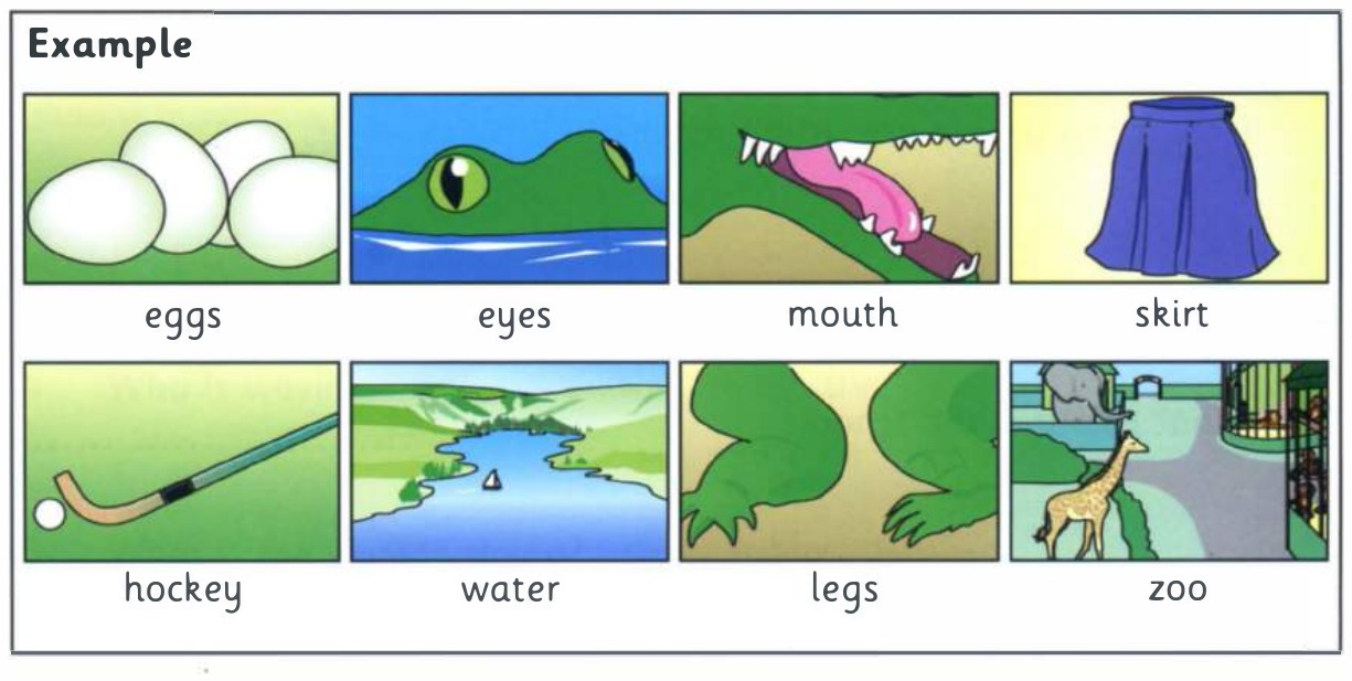 Word bank: eggs, eyes, mouth, skirt, hockey, water, legs, zoo