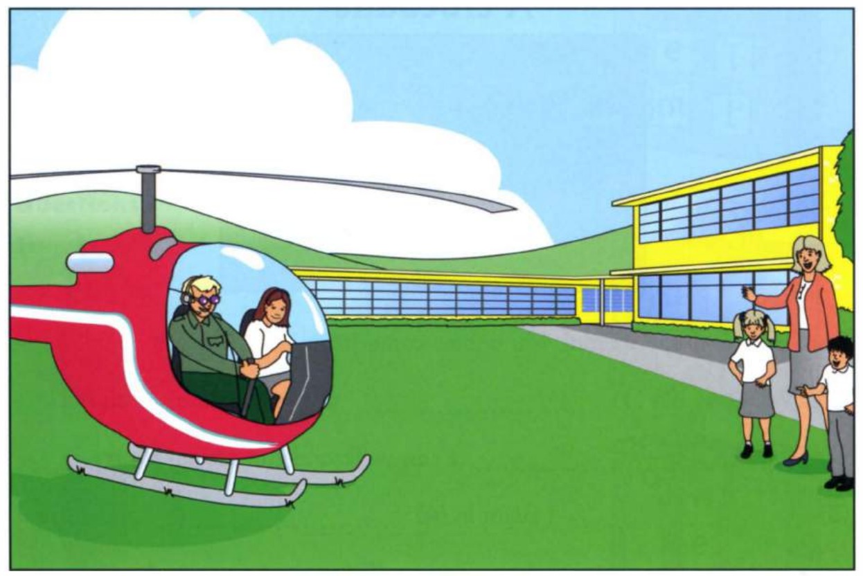 Part 5 scene A: helicopter flying above school with trees and playground
