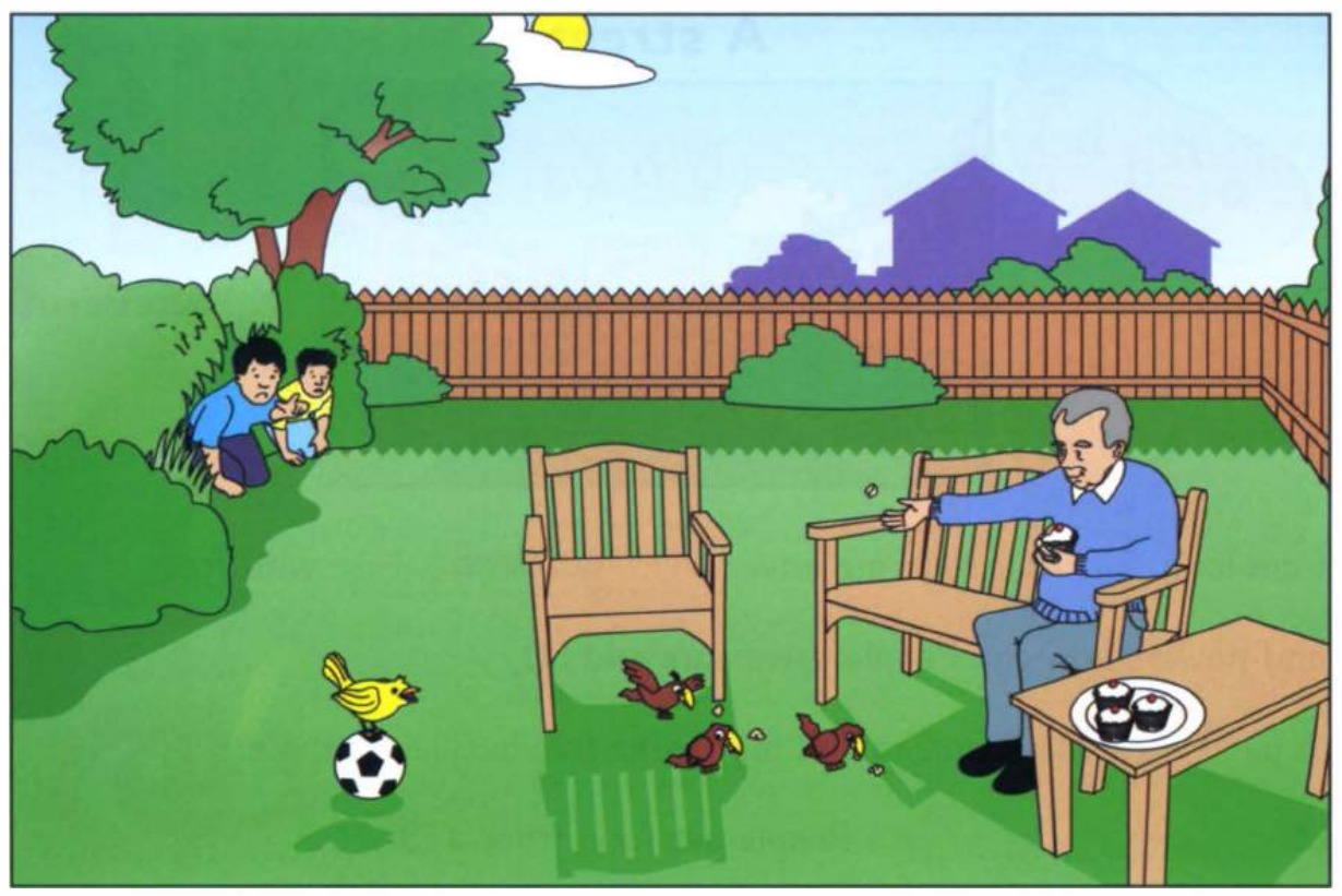 Part 5 scene A: garden with Grandpa feeding yellow bird
