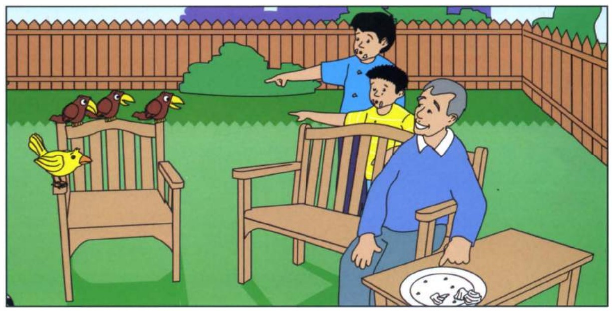 Part 5 scene C: boys pointing at bird, Grandpa smiling