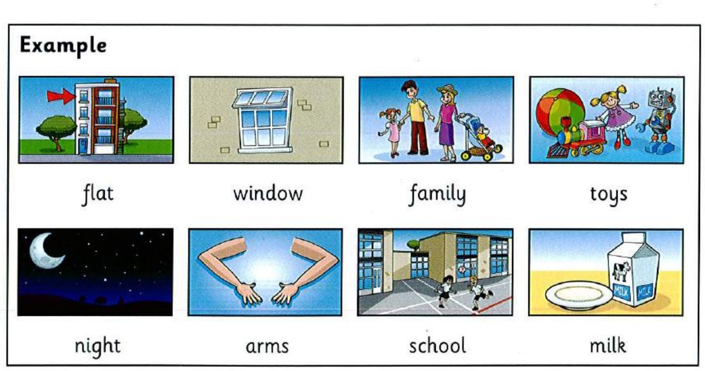 Word bank: flat, window, family, toys, night, arms, school, milk