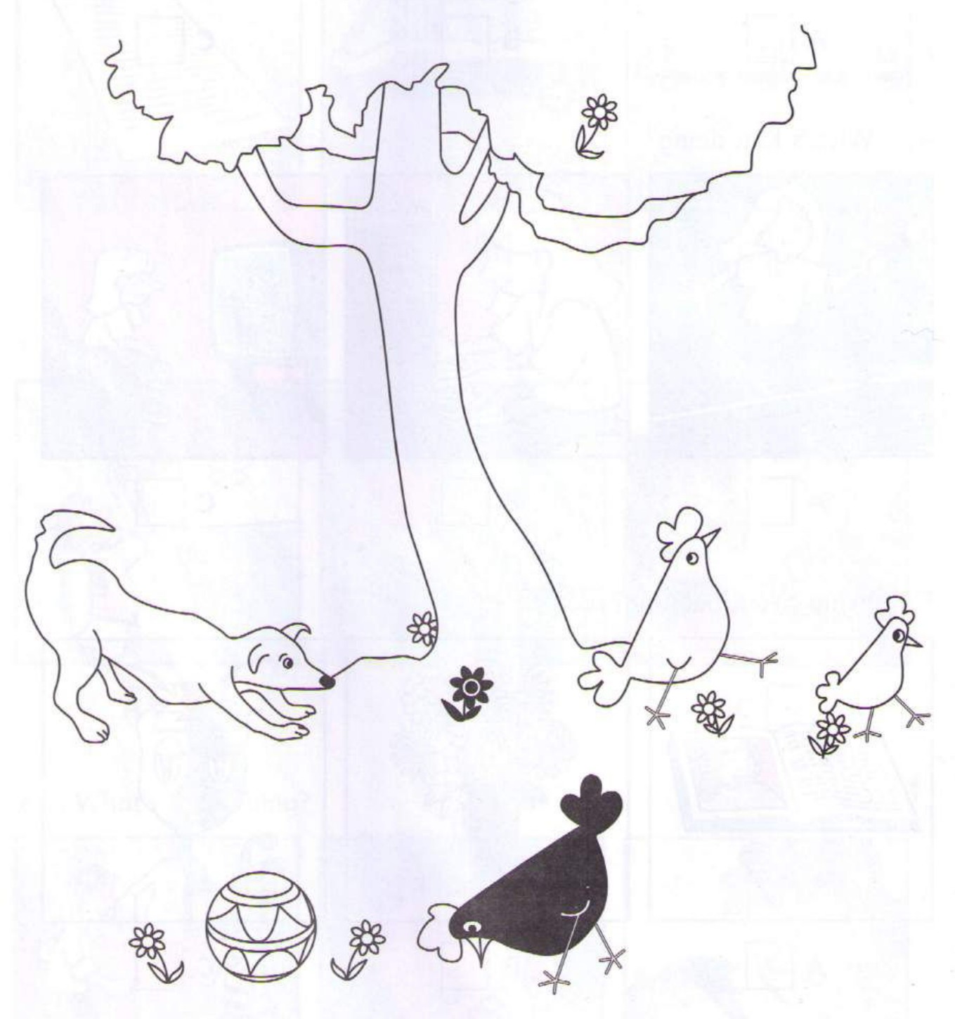 Part 4 — Listen and colour: a tree, a dog, two hens, a ball and flowers