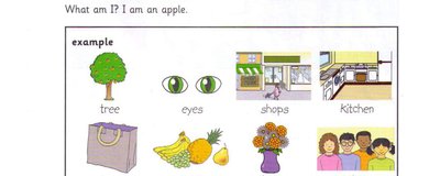 Word bank: tree, eyes, shops, kitchen, bag, fruit, flowers, children