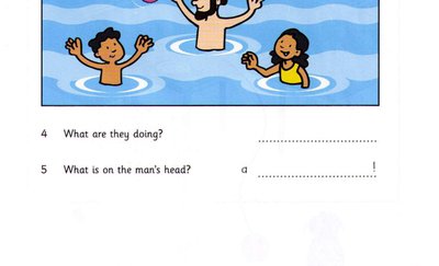 Swimming pool scene with a bird on a head