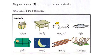 Word bank: house, table, football, fish, sofa, night, pencils, monkeys