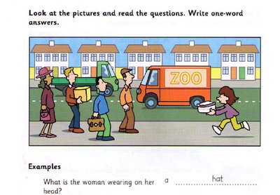 Zoo scene: yellow bus, family, woman in hat with cake