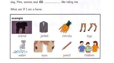 Word bank: animal, jacket, carrots, legs, water, eyes, pencil, children