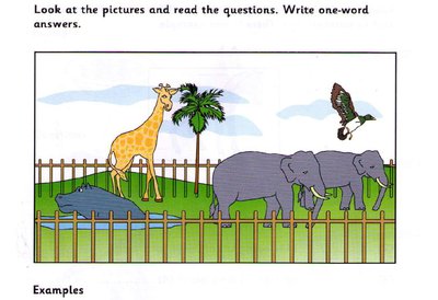 Zoo scene: giraffe, elephants, hippo in water, duck flying