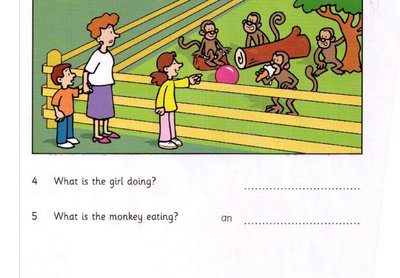 Monkey scene continued: girl pointing, monkey eating ice cream