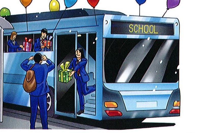 The school bus arrives with the boy's friends and balloons for a party