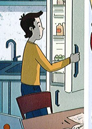 The boy opening the kitchen door
