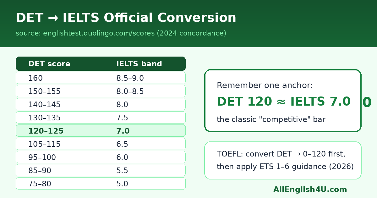 Official DET to IELTS score conversion chart - DET 120 equals IELTS 7.0