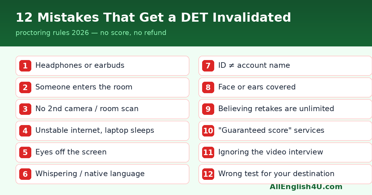 Checklist of 12 mistakes that can get a Duolingo English Test invalidated