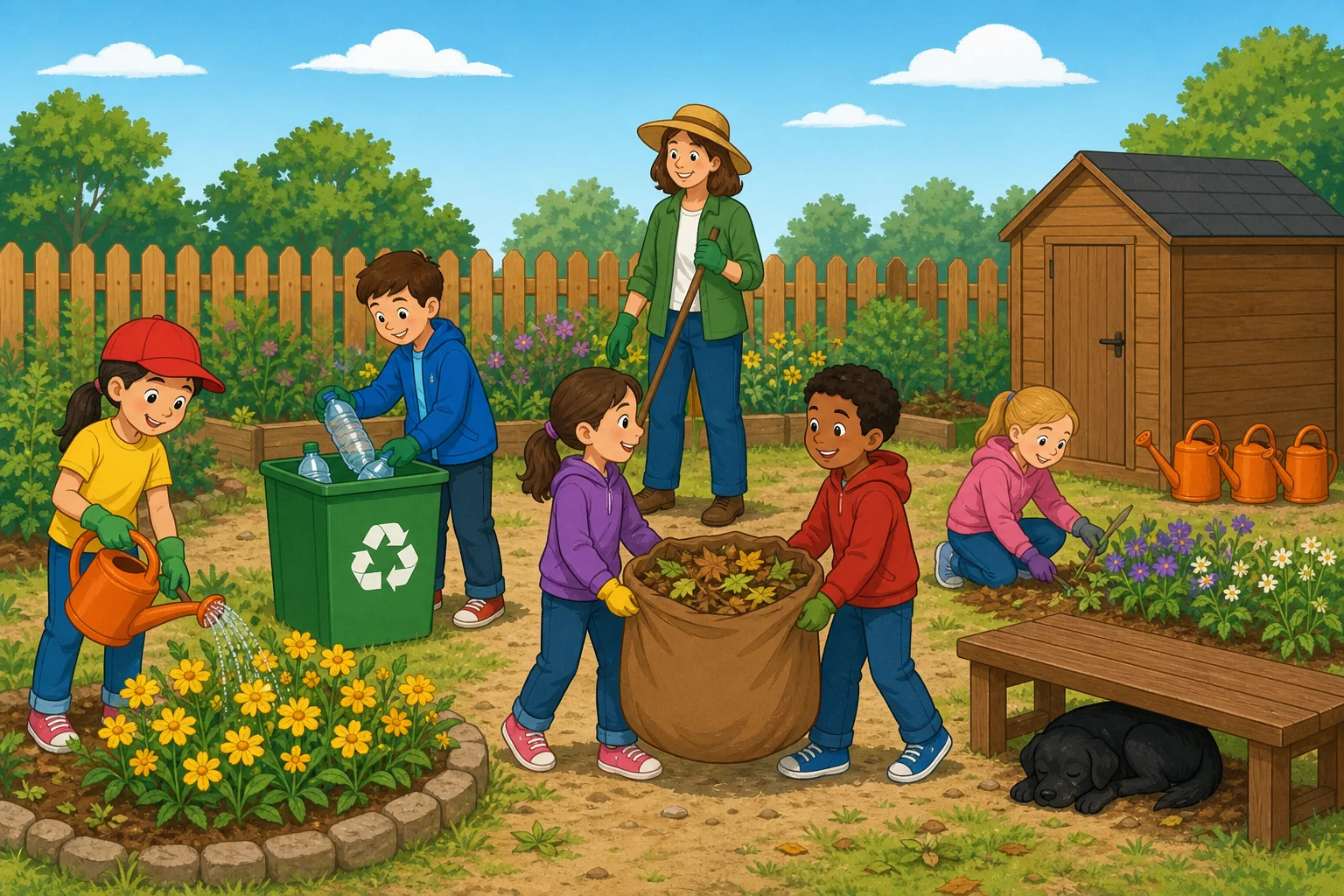 Children and a teacher cleaning a school garden