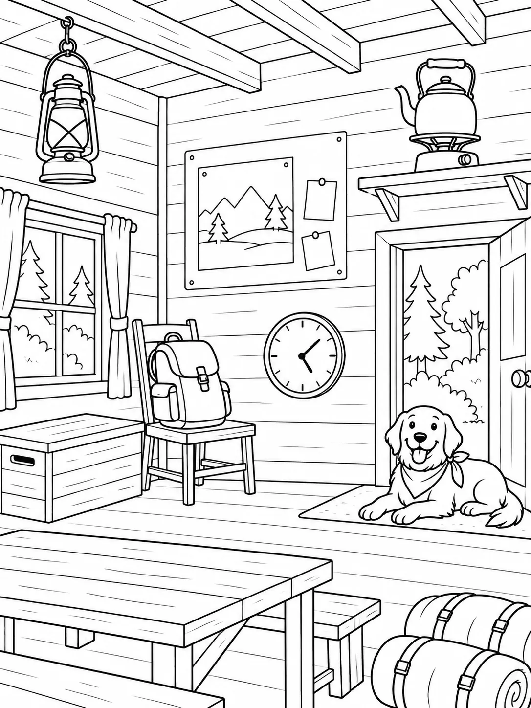 Original camp activity hall colouring scene