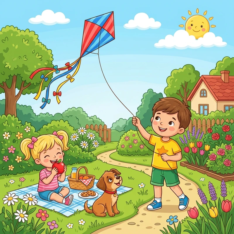 Tom flying a kite in the garden while Anna eats an apple
