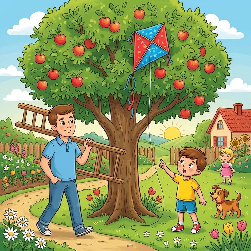 The kite stuck in an apple tree and Dad carrying a wooden ladder