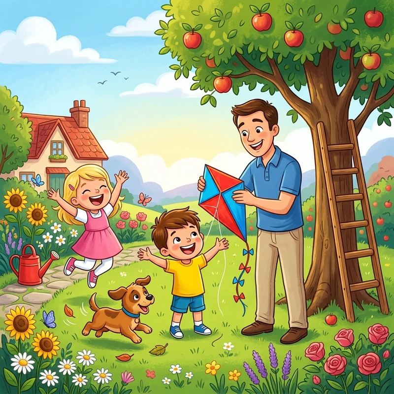 Dad handing the kite back to happy Tom and Anna
