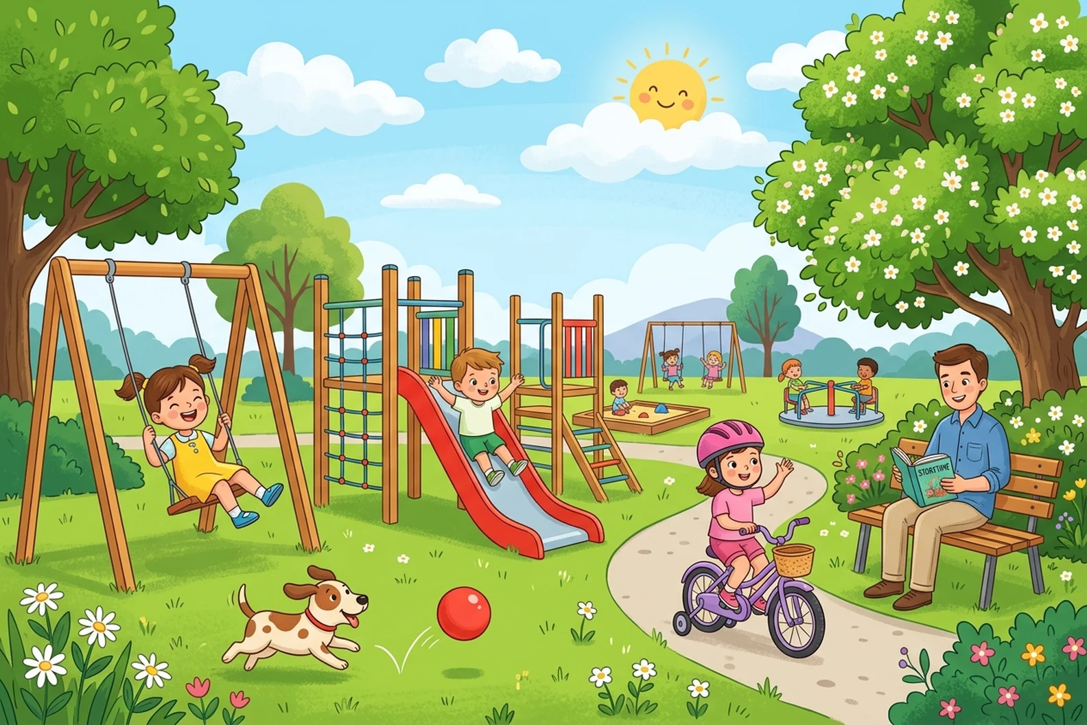 A happy park playground scene with children playing on swings and slides